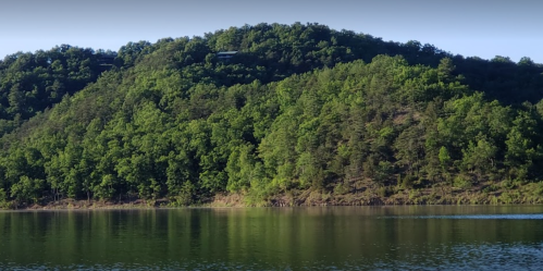 Lush green hillside reflected in calm water, with trees lining the shore under a clear blue sky.