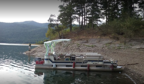 A pontoon boat is anchored near a sandy shore, with trees and mountains in the background. A person stands on the shore.