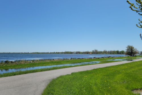 A serene lakeside view with a clear blue sky, green grass, and a paved path along the water's edge.