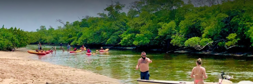 A man in a mask stands on a beach while kayakers paddle in a lush, green river.