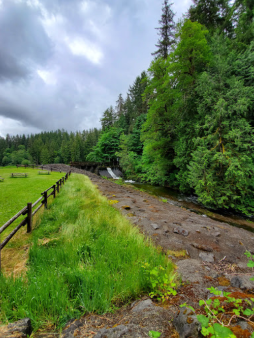 A serene landscape featuring a river, lush greenery, and a cloudy sky, bordered by a wooden fence.