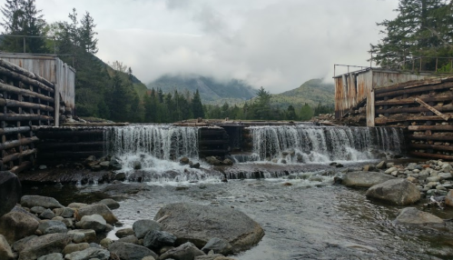 A serene waterfall cascades over rocks, surrounded by trees and mountains under a cloudy sky.