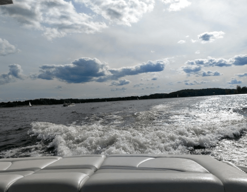 A view from a boat showing rippling water and a cloudy sky, with distant trees along the shoreline.