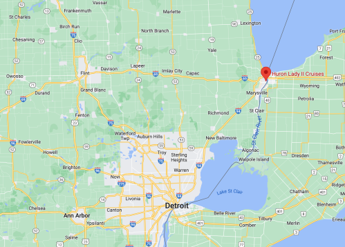 Map showing southeastern Michigan, highlighting Detroit and the location of Huron Lady II Cruises near Lake Huron.