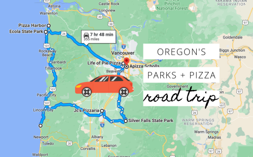 Map showing a road trip route in Oregon, highlighting parks and pizzerias, with a car icon and travel time.