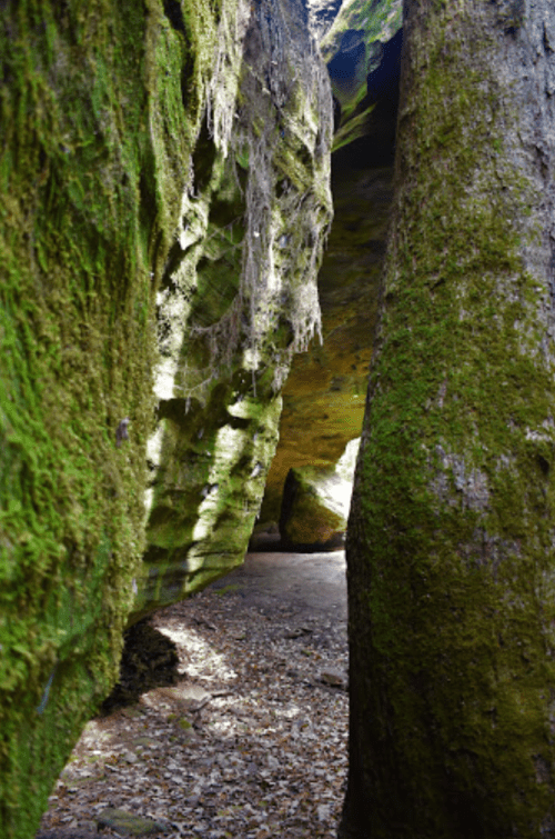 A narrow passage between moss-covered rocks, with soft light illuminating the stone walls and ground.