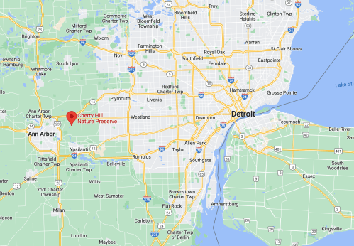 Map showing the location of Cherry Hill Nature Preserve near Ann Arbor and Detroit, Michigan.