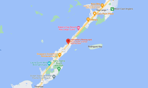 Map of Key Largo, Florida, highlighting Harriette's Restaurant and nearby attractions along the coastline.