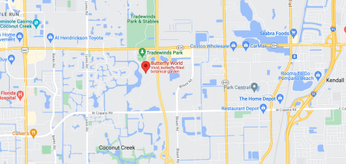 Map showing the location of Butterfly World and Tradewinds Park in Coconut Creek, Florida.
