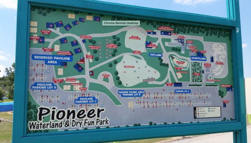 Map of Pioneer Waterland & Dry Fun Park, showing attractions, parking areas, and facilities layout.