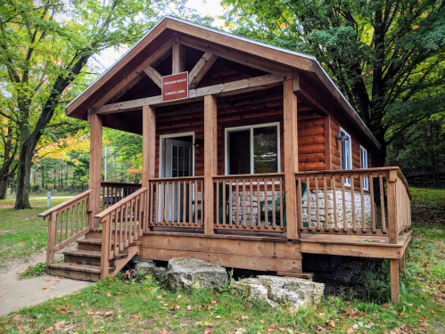 A cozy wooden cabin with a porch, surrounded by trees and greenery, showcasing autumn colors.
