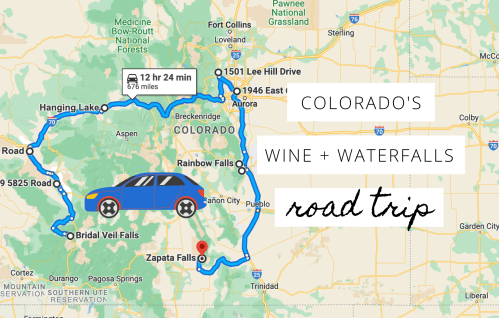 Map of a road trip in Colorado highlighting wine and waterfalls, featuring key stops and a blue car icon.