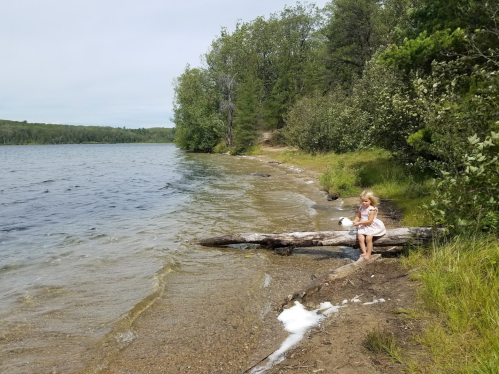A young child sits on a log by a calm lake, surrounded by trees and greenery, enjoying a peaceful moment.