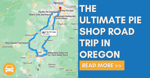 Map highlighting a road trip route for visiting pie shops in Oregon, with travel time and distance noted.