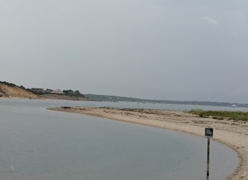 A calm shoreline with a sandy curve, water gently flowing, and distant houses under a cloudy sky.