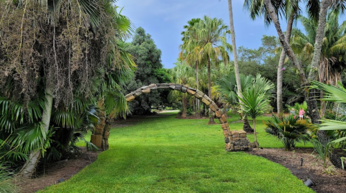 A stone archway leads into a lush green garden surrounded by palm trees and tropical plants.