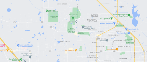Map showing the area around Blues Creek, including nearby streets and landmarks in a suburban setting.