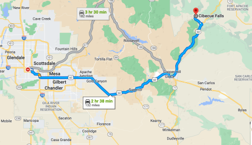 Map showing driving directions from Mesa to Cibecue Falls, with estimated travel time and distance.