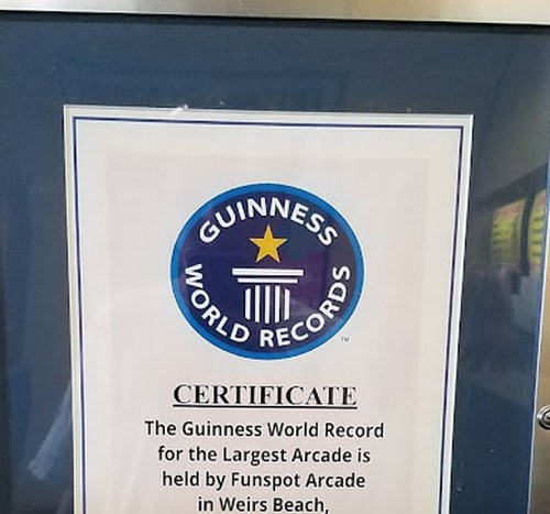 Certificate from Guinness World Records for the Largest Arcade, held by Funspot Arcade in Weirs Beach.