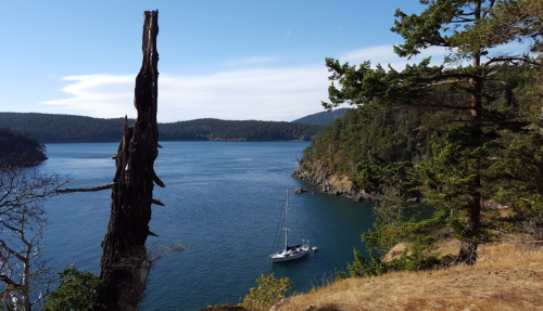 A serene coastal scene featuring a sailboat anchored near a rocky shore, surrounded by trees and hills under a clear blue sky.