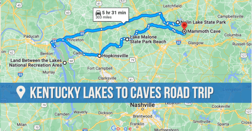 Map showing a road trip route from Kentucky Lakes to Mammoth Cave, covering 303 miles in 5 hours and 31 minutes.