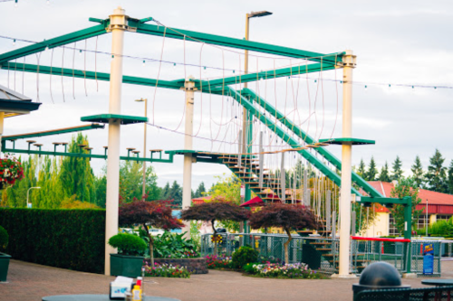 A colorful outdoor park area featuring climbing structures, stairs, and landscaped gardens with trees and flowers.