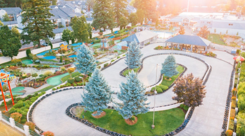 Aerial view of a go-kart track surrounded by greenery and mini-golf, with buildings and trees in the background.