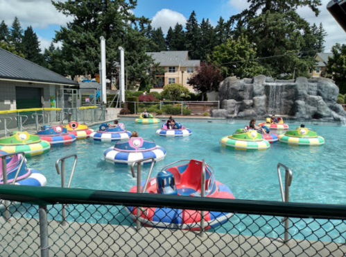 Colorful bumper boats float in a pool surrounded by trees and a rock waterfall, with people enjoying the ride.
