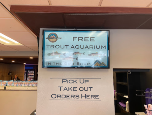 Sign displaying "Free Trout Aquarium" in the gift shop, with instructions for pick up and take out orders below.