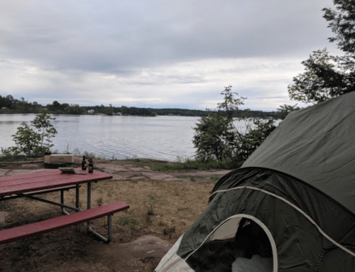 A campsite by a lake with a green tent and a picnic table, surrounded by trees under a cloudy sky.