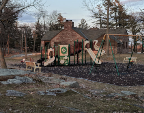 A playground with slides and swings, set in a park with trees and a building in the background.