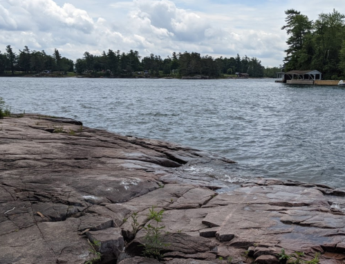 A rocky shoreline by a calm lake, with trees and a cloudy sky in the background.