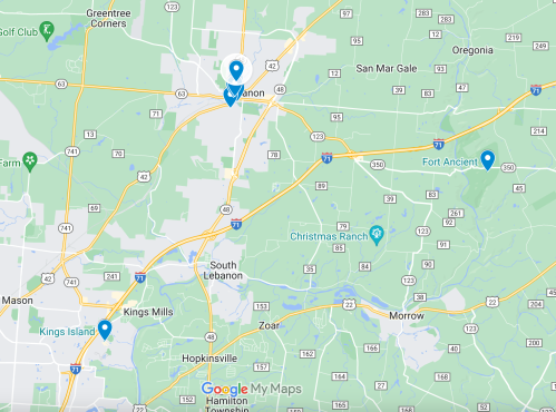 Map showing locations in southwestern Ohio, including Mason, Fort Ancient, and nearby attractions.