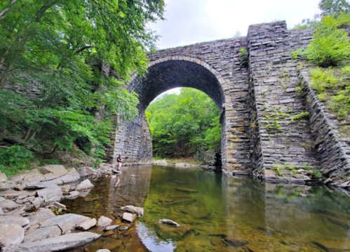 A stone arch bridge over a calm river, surrounded by lush green trees and rocky banks.
