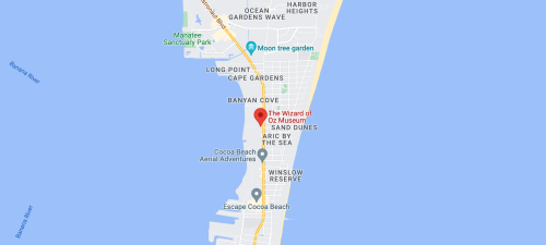 Map showing the location of The Wizard of Oz Museum near Cocoa Beach, Florida, with nearby landmarks and parks.