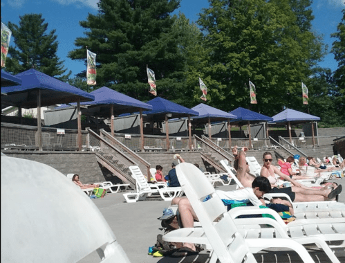A sunny pool area with lounge chairs, umbrellas, and people relaxing by the water, surrounded by trees.