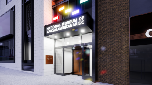 Entrance of the National Museum of African American Music, featuring colorful lights and a welcoming facade.
