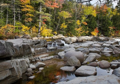 A serene river flows over rocks, surrounded by vibrant autumn foliage in a tranquil forest setting.