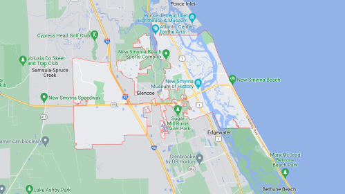 Map of New Smyrna Beach, Florida, highlighting local parks, landmarks, and surrounding areas.