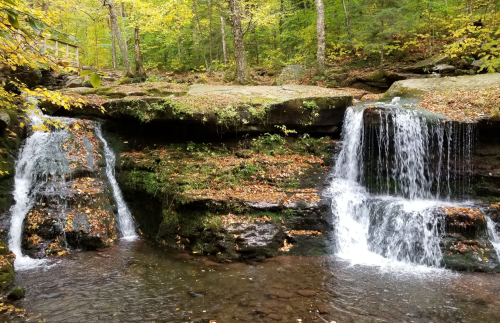 A serene waterfall cascades over mossy rocks, surrounded by vibrant autumn foliage in a tranquil forest setting.