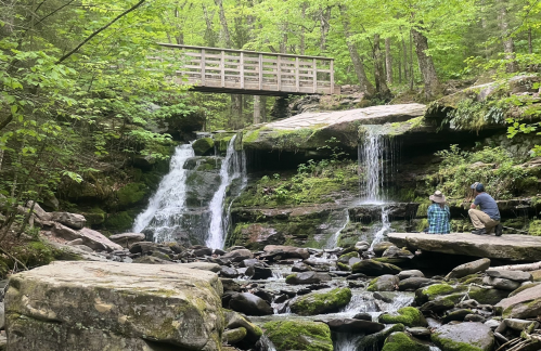 Two people sit by a rocky stream with small waterfalls, surrounded by lush greenery and a wooden bridge above.