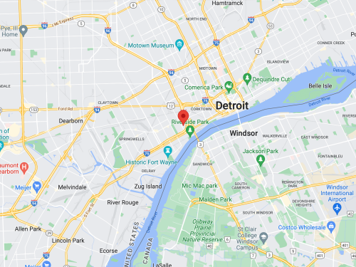 Map showing Detroit, Michigan, with a marker indicating a location near the Detroit River and Windsor, Canada.