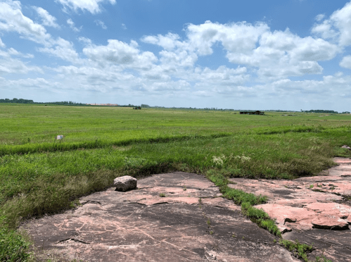 A wide, open landscape with green grass and scattered clouds in a blue sky, featuring rocky terrain in the foreground.