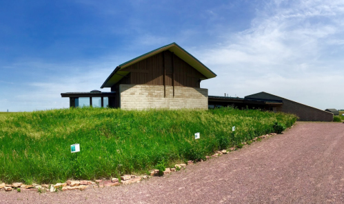 A modern house with a sloped roof, surrounded by tall grass and a gravel driveway under a blue sky.