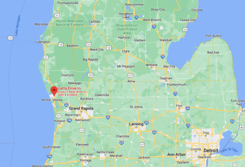 Map showing the location of Getty Drive-In near Norton Shores, Michigan, with surrounding cities and landmarks.