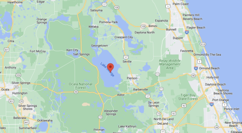 Map showing Lake George in Florida, surrounded by green areas and nearby towns like Astor and Seville.