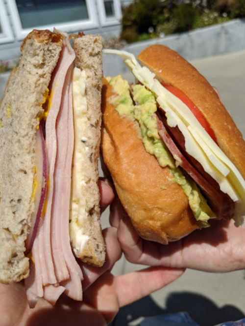 A hand holds two sandwiches: one with ham and mustard on whole grain bread, the other with avocado, tomato, and cheese on a bun.