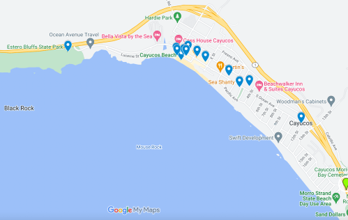Map of Cayucos, California, showing locations of businesses and attractions along the coastline and nearby parks.