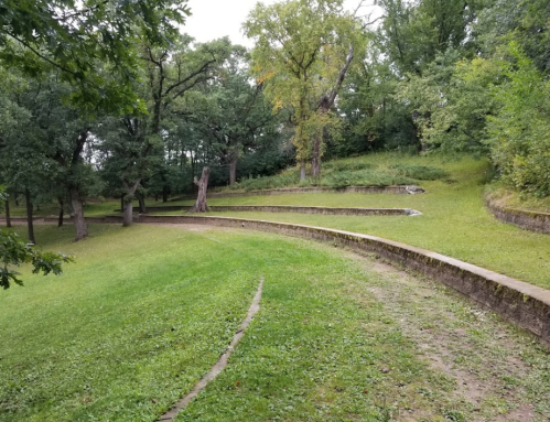 A winding path through a grassy park with trees and terraced landscaping.