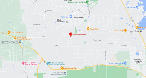 Map showing the location of Paige's Root Beer in Citrus Hills, Florida, near various restaurants and shops.